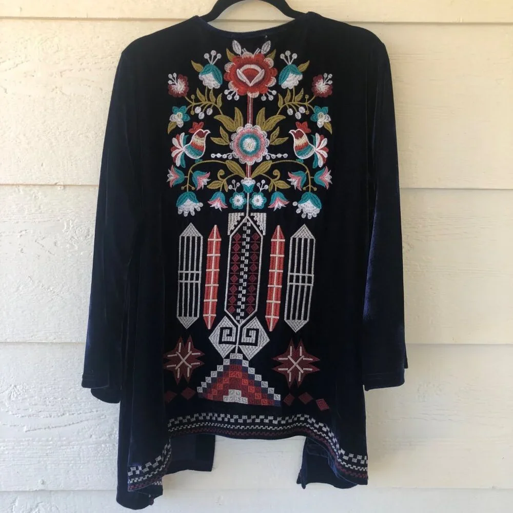 BD Collection Size M/L Velvet Embroidered Open Front Bell Sleeve Cardigan - Picture 1 of 15